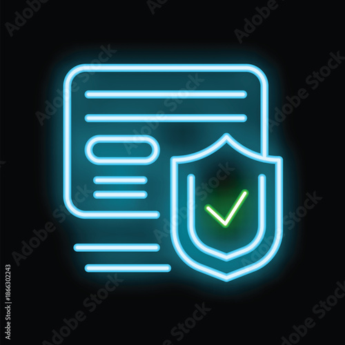Neon glowing icon of document being protected with shield and check mark representing cybersecurity