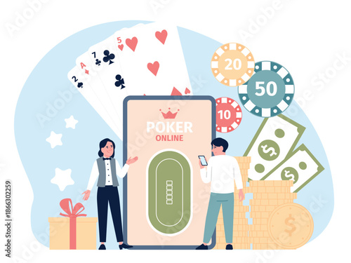 Online poker concept. Man play in casino with smartphone. Croupier and player, digital gambling addiction. Chips, play cards and money, recent vector scene
