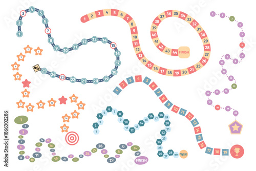 Board game routes templates. Step by step moving for game with gradual progression. Star, rounds, octagon paths with numbers, recent vector set