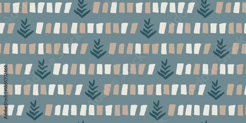 Seamless abstract pattern with hand-painted brush strokes and botanical leaves in beige and white on muted blue background, artistic minimalistic digital design for textile, wallpaper, and decor