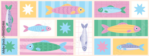 Sardines background. Sardine food, fish and seafood patchwork poster. Decorative creative print for napkin, textile, paper, covers, racy vector design