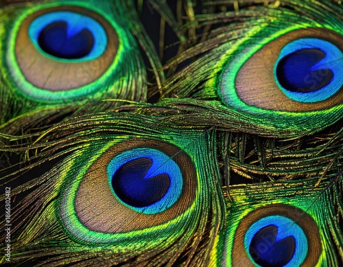 Close-up of peacock feathers, displaying eye-like ocelli and vibrant colors