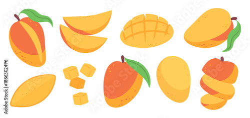 Cartoon mango. Juicy exotic fruit, mangoes fresh different shapes, slices, cubes, half and full. Tropical vitamin fruits, isolated tasty food, racy vector set