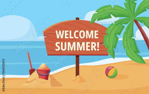 Welcome summer beach poster. Wooden banner on sea coast, palm and plastic bucket for sand and shovel. Tropical vacation, nowaday vector background