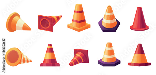 Traffic cones. Striped traffic cone different positions. Safety signs, road worker equipment for construction and repair, warning funnel signal, nowaday vector set