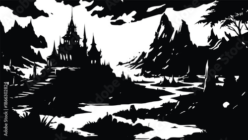 Black and White Fantasy Castle River Landscape Scene Wallpaper