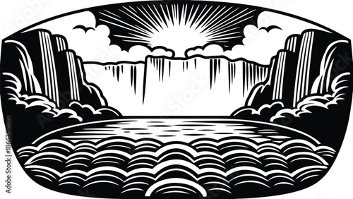 Black and White Waterfall Landscape Woodcut Style Vector