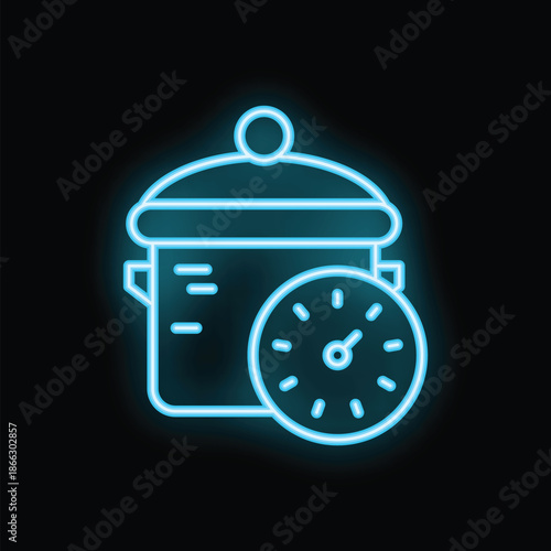 Neon blue icon of a pressure cooker with a timer, indicating the cooking time
