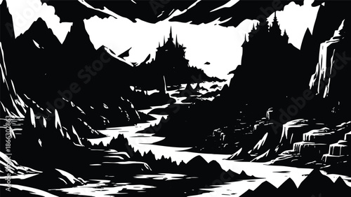 Black and White Dark Fantasy Castle Mountain Landscape Scene Wallpaper