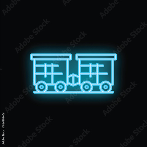 Neon blue icon of freight wagons on rails on black background