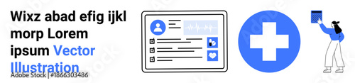 Healthcare technology, digital records, medical data, patient information, telemedicine, and healthcare communication. Profile card, medical cross and person holding file. Healthcare technology