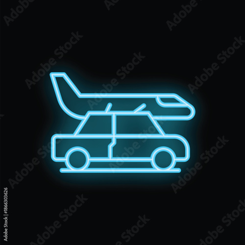 Vibrant blue neon icon depicting a car carrying an airplane, symbolizing the connection between road travel and air transportation