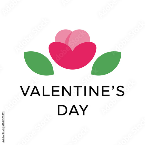 Valentine's Day greeting card with heart shaped pink flower and green leaves