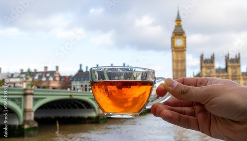 Hand holding clear tea cup against famous London cityscape background