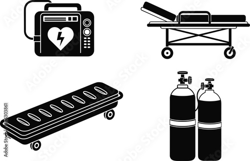 Emergency medical equipment vector illustration set, defibrillator, hospital stretcher, spine board, oxygen cylinders, isolated black healthcare icons on white background