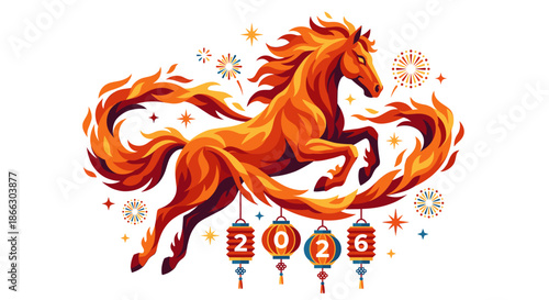 Fiery Zodiac Horse with Hanging Lanterns Celebrating Lunar New Year 2026