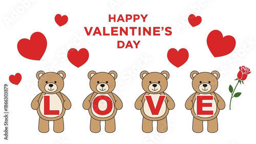 Happy Valentine's Day teddy bears with hearts and rose, love concept