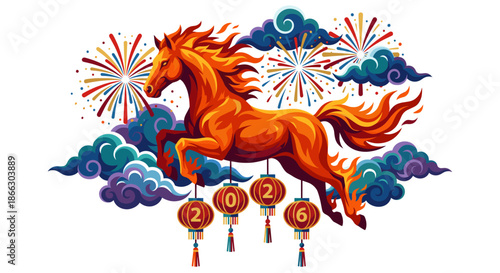 Fiery Horse Leaping Through Clouds Fireworks and Lanterns 2026 Celebration