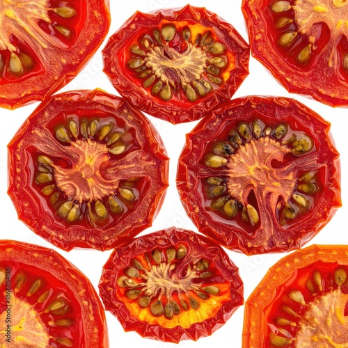 Sliced, dried tomatoes on white. Close-up, vibrant, and culinary