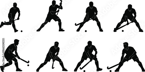 Field hockey player silhouette set, professional male athletes playing with sticks and balls, sports action poses collection, isolated black shapes on white background