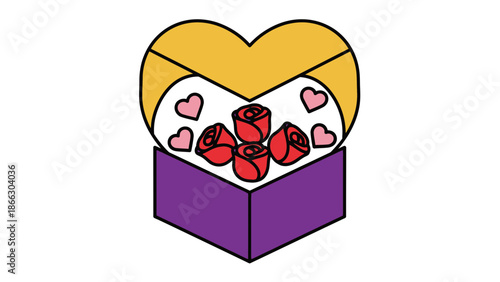 Heart shaped gift box with red roses, Valentine's Day illustration, celebration