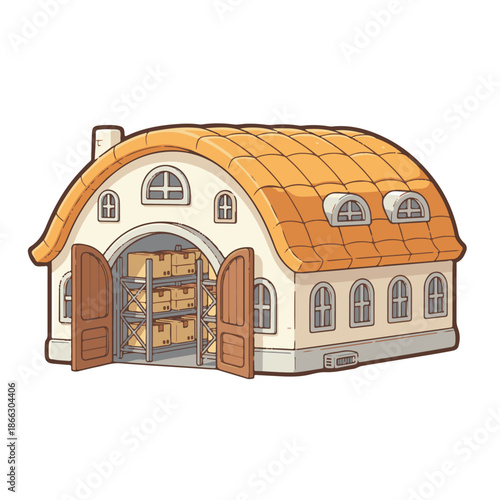 Charming arched warehouse building with open doors revealing stacked boxes on shelves, evoking storage and logistics