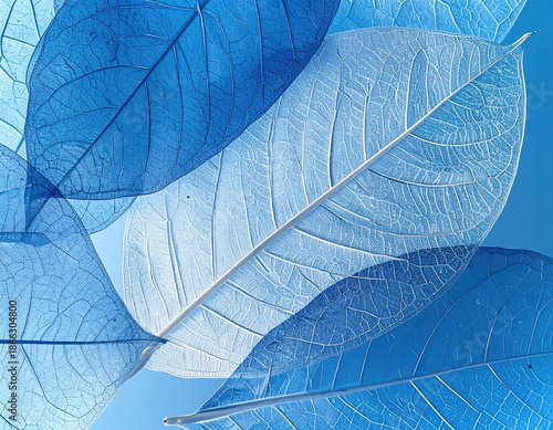 Translucent blue leaves overlap, veins visible, against a light-blue backdrop