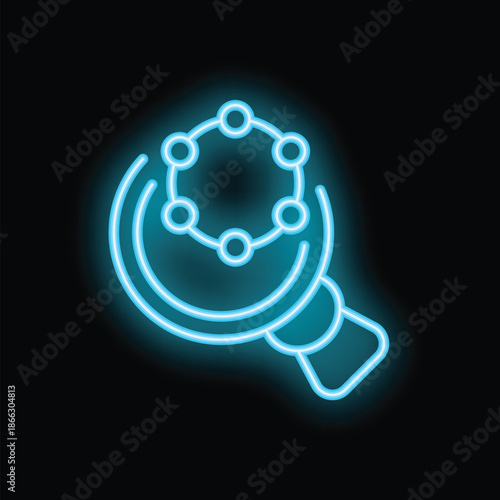 Blue neon icon of a magnifying glass detecting virus molecules on a black background