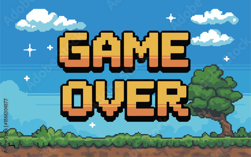 Pixel art Game Over screen with landscape background for 8-bit arcade and video game concept vector