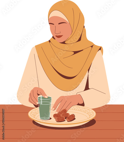 Vector Illustration of a Muslim Woman in a Hijab Sitting at a Table with Dates and Water