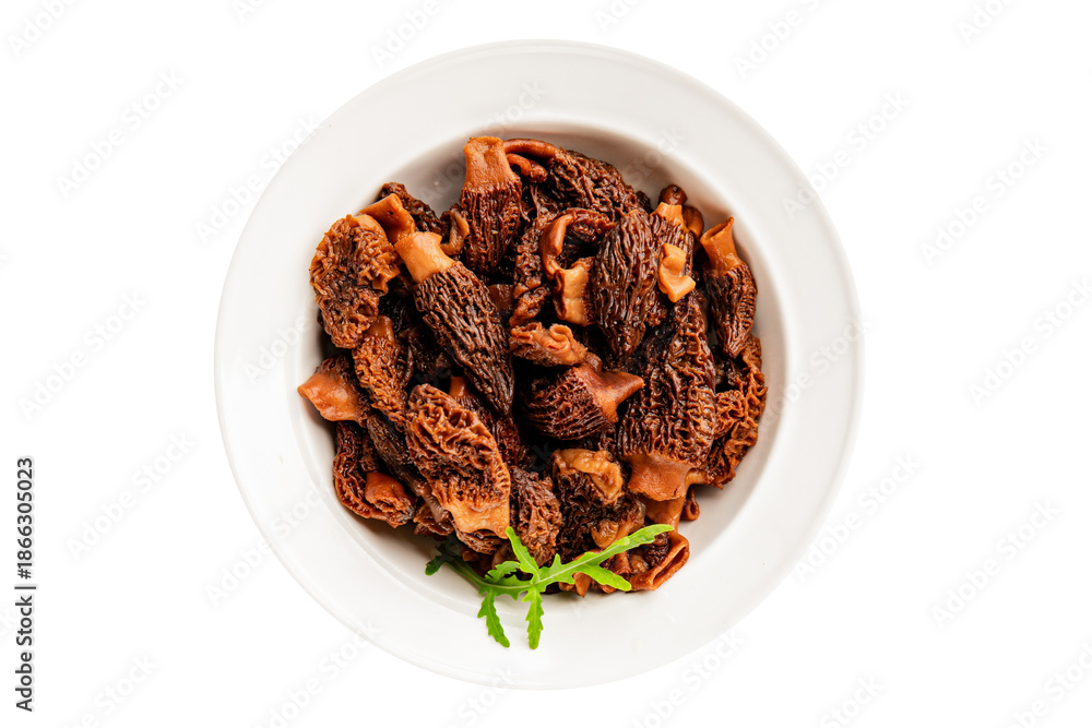 Obraz premium Morels mushrooms natural mushroom healthy food ingredient appetizer fresh tasty gourmet food background on the table rustic food top view copy space keto and paleo diet vegetarian and vegan food