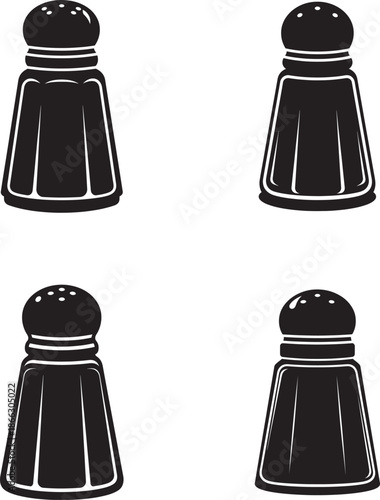 Four solid black pepper shakers on a white background