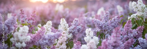 A serene field of lilacs in full bloom during sunset with purple and white flowers