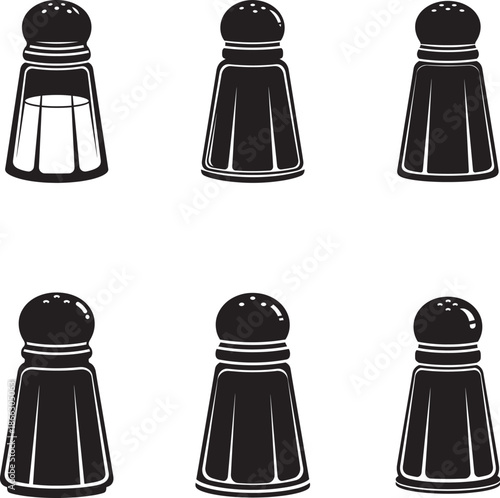Six black pepper shakers with one salt shaker on a white background