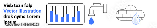 Test tubes filled with liquid, faucet dripping water, cloud with raindrop emphasize concepts of water conservation and science. Ideal for education, environment, sustainability, lab research, climate