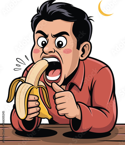 Vector Illustration of a Hungry Young Man Enthusiastically Eating a Fresh Banana for Energy During Ramadan Suhoor