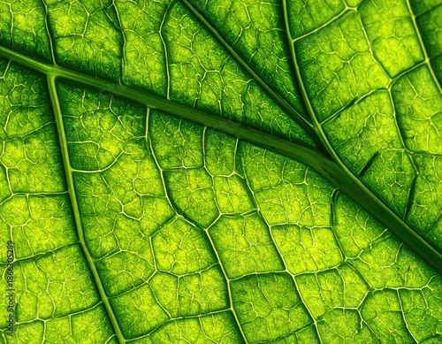Detailed macro view of a vibrant green leaf with intricate veins