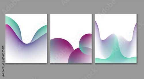 Abstract background collection featuring vibrant purple and teal gradient wave shapes and overlapping soft spheres