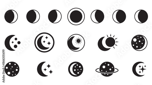 Moon Phases Icons Set with Sun and Planets on White Background