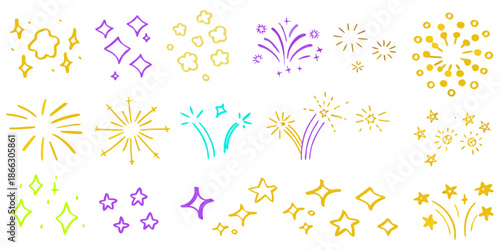 A set of colorful, sketchy doodles depicting various types of small explosions, sparks, and fireworks. The lines have a textured, childlike quality, as if drawn with colored pencils or wax crayons