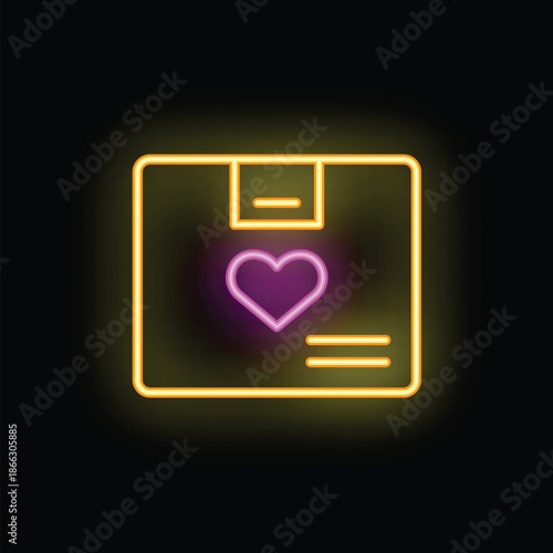 Neon glowing sign of a delivery box with a heart representing a concept related to charity