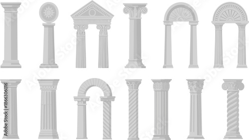 Set of ancient Greek and Roman architectural columns and arches in classic marble style vector illustration