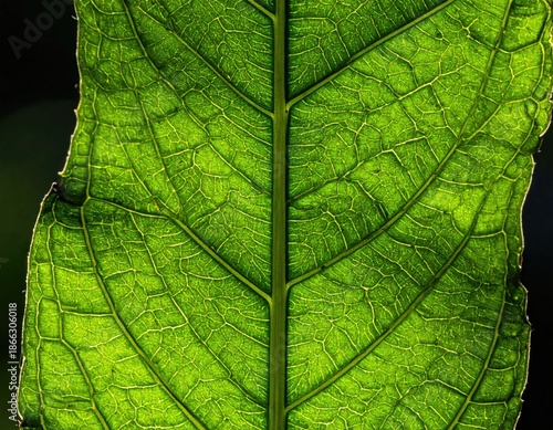 Close-up of a vibrant green leaf showing intricate vein structure, sunlight