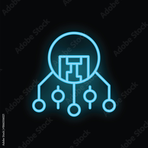 Blue neon glowing icon of decentralized finance with blockchain and cryptocurrency symbols
