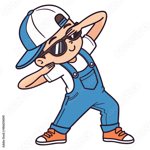 Cool young boy in a dabbing pose, streetwear outfit with overalls and orange kicks, cartoon vector art, isolated on white