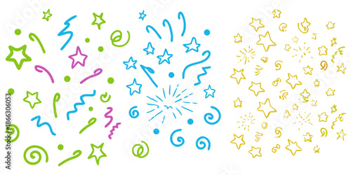 Creative colorful doodle art pack, hand-sketched bursts, stars and squiggles, bright playful palette, clean white background