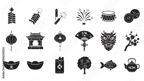 Japanese Culture Icons Set with Lanterns, Masks and Tea
