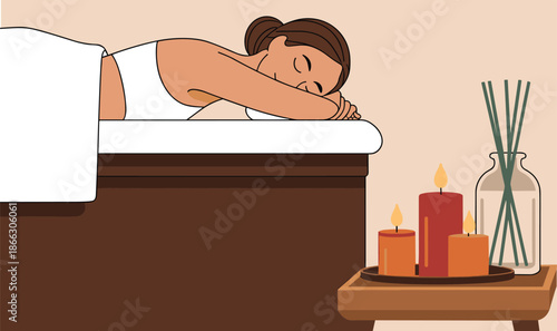 Vector Illustration of a Woman Relaxing on a Massage Table Beside Lit Candles and Aromatherapy Incense Sticks
