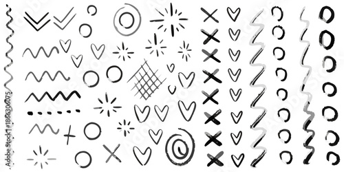 Creative doodle art pack, freehand ink sketches, expressive symbols and scribbles, imperfect hand-drawn style, modern aesthetic