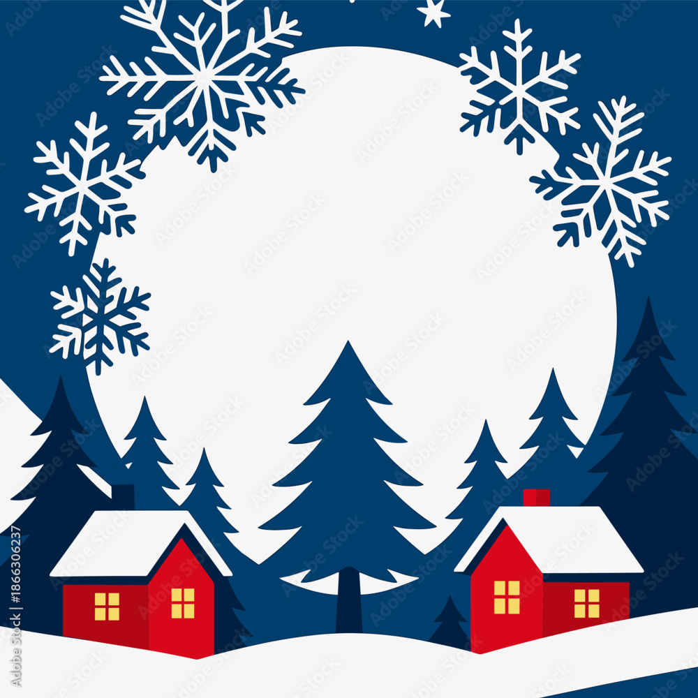 Fototapeta premium Snowflake Night Frame Over Pine Forest Cabins for Winter Holiday Cards